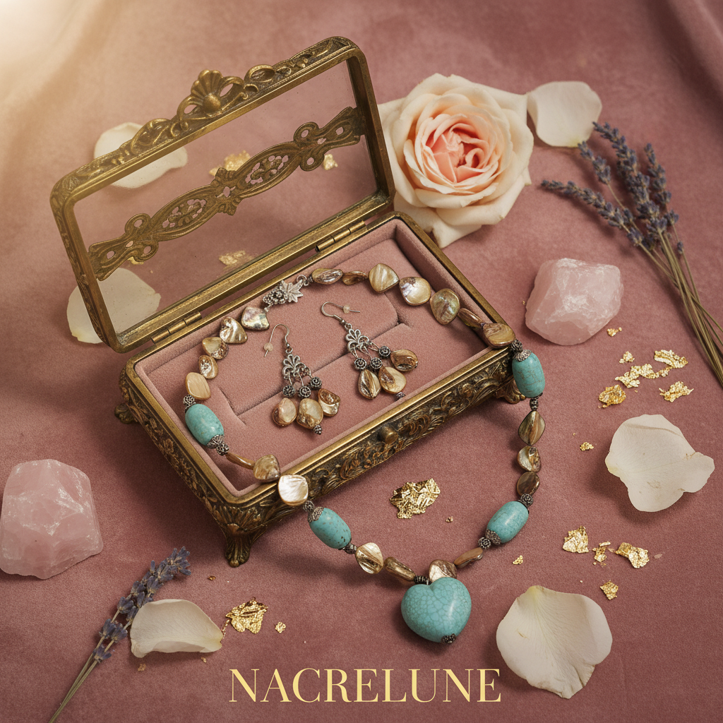 Parure Turquoises & Perles de Nacre – Collier et Boucles Cœur | NACRELUNE nacrelune.com parure