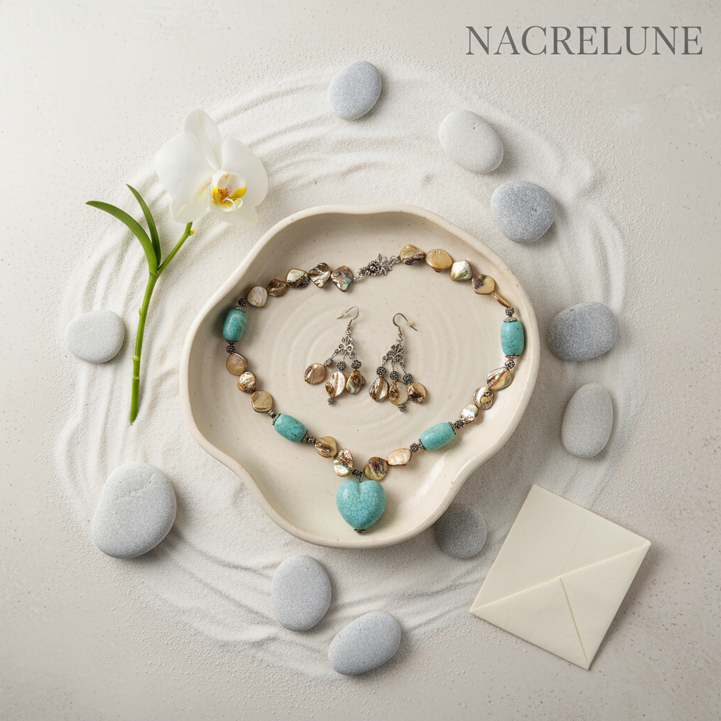 Parure Turquoises & Perles de Nacre – Collier et Boucles Cœur | NACRELUNE nacrelune.com parure