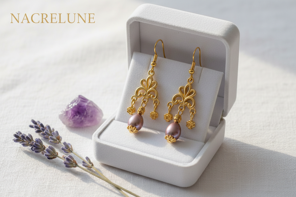 Boucles d'oreille perle de culture mauve – Bijou nacré & élégance violette nacrelune.com boucles d'oreille