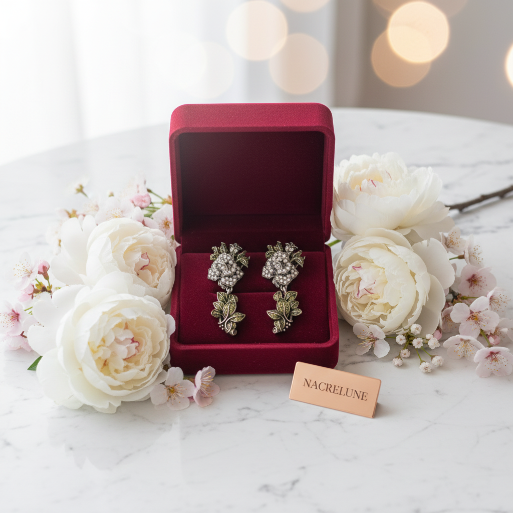 Grandes boucles d'oreille en strass en forme de roses blanches nacrelune.com boucles d'oreille