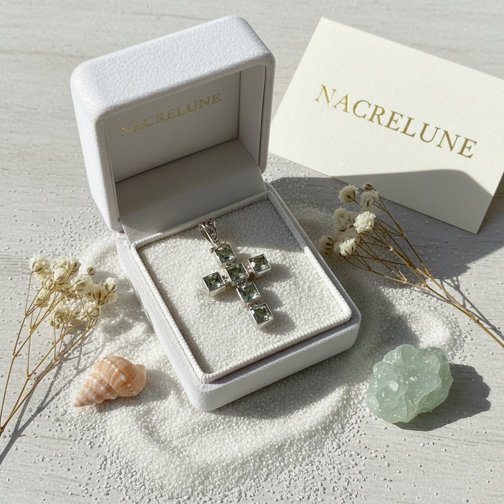 Pendentif Croix en Argent Véritable & Améthystes Vertes – NACRELUNE NACRELUNE pendentif