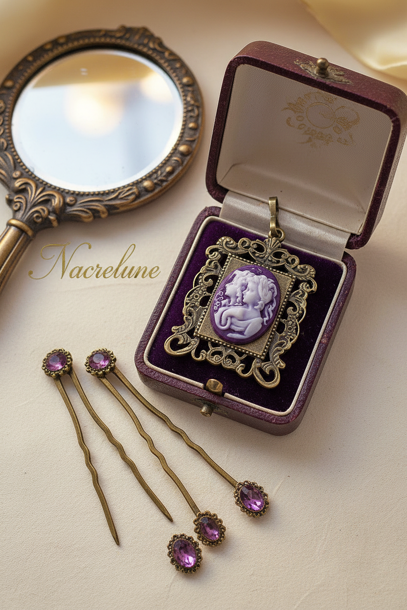 Pendentif camée en résine représentant 2 jeunes filles, choisissez votre couleur Violet nacrelune.com pendentif