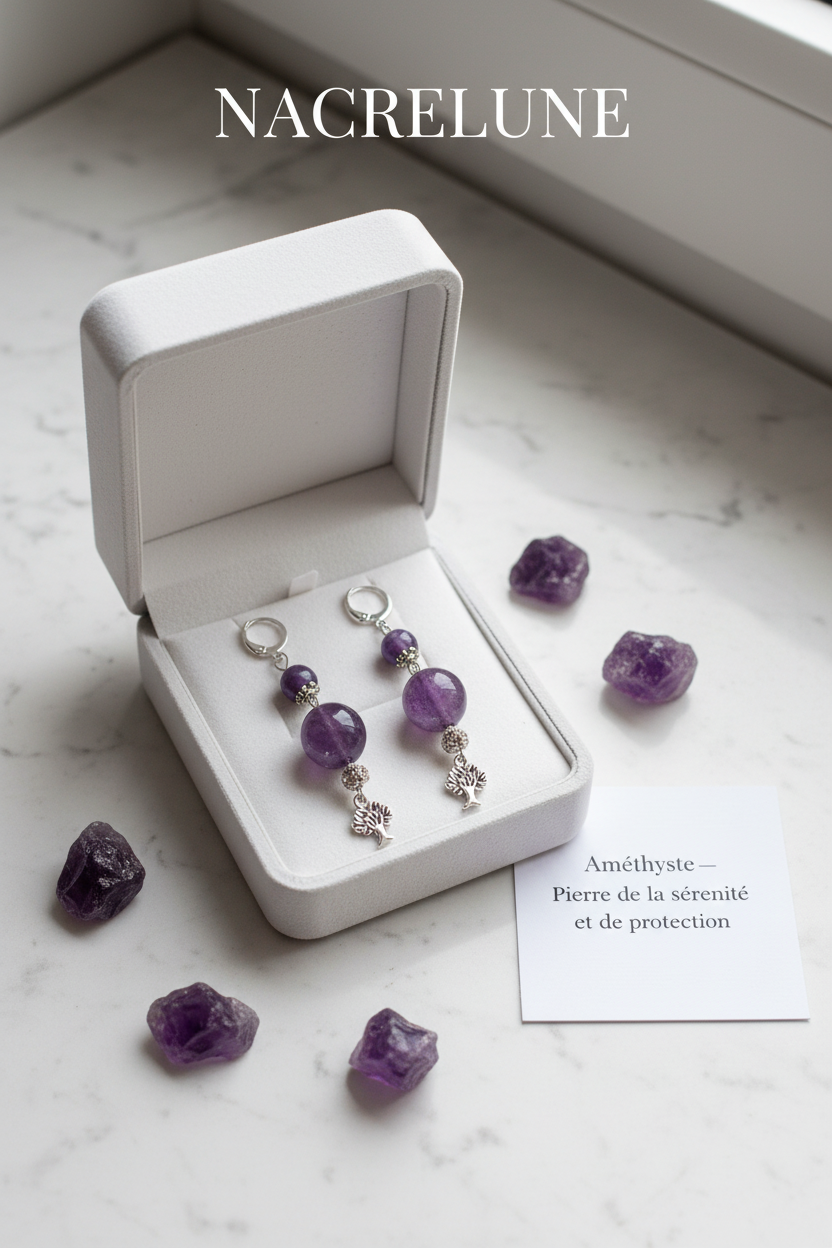 Boucles d'oreille en améthyste naturelle | NACRELUNE nacrelune.com boucles d'oreille