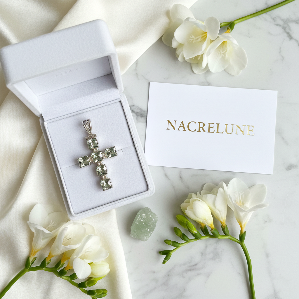Pendentif Croix en Argent Véritable & Améthystes Vertes – NACRELUNE NACRELUNE pendentif