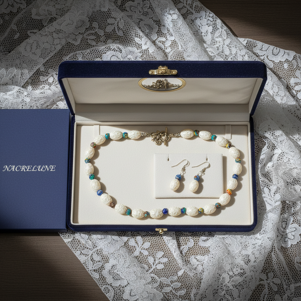 parure en perles de verre dentelle blanche avec millefleurs nacrelune.com parure
