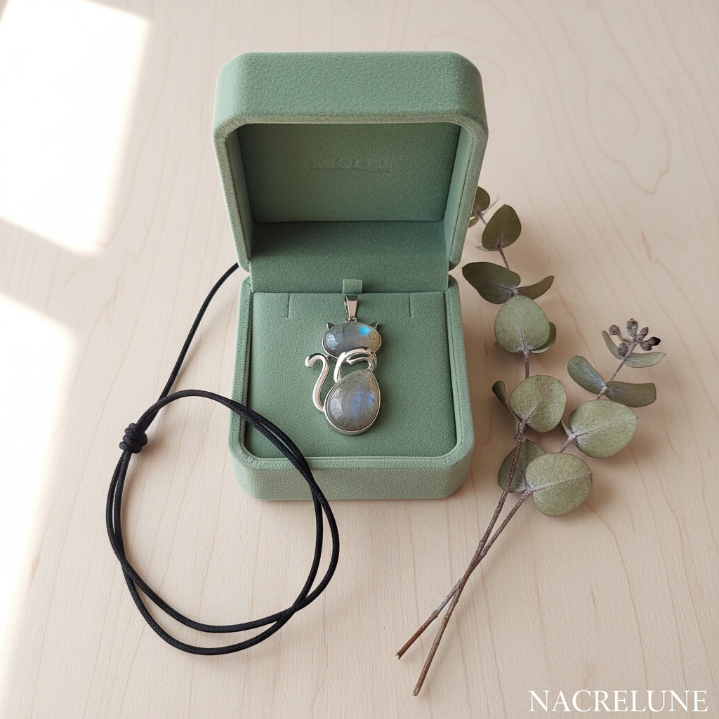 Pendentif Chat Labradorite | Tour de Cou Coton Ciré Noir NACRELUNE pendentif