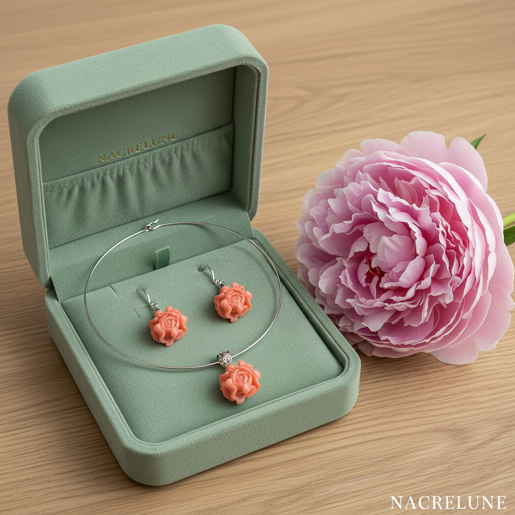 Parure Pivoine Corail | Collier Ras-de-Cou Rigide & Boucles d'Oreilles NACRELUNE parure