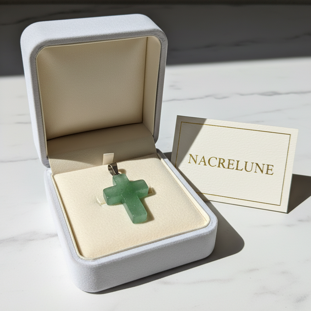 Croix aventurine écrin velours blanc NACRELUNE