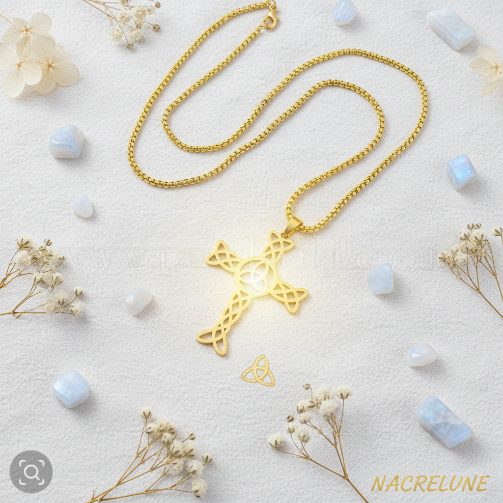 Pendentif Croix Celtique Triquetra & Chaîne en Plaqué Or | NACRELUNE nacrelune.com pendentif