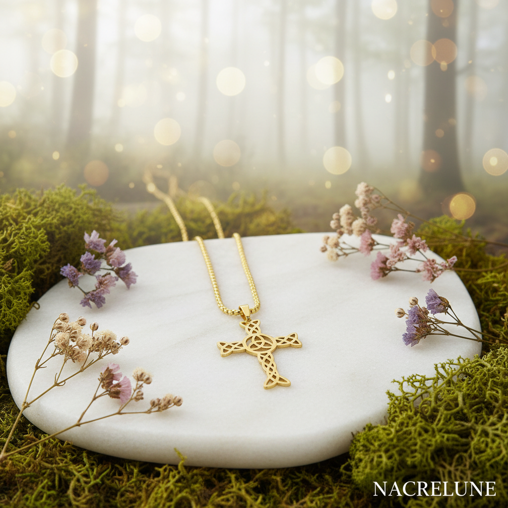 Pendentif Croix Celtique Triquetra & Chaîne en Plaqué Or | NACRELUNE nacrelune.com pendentif