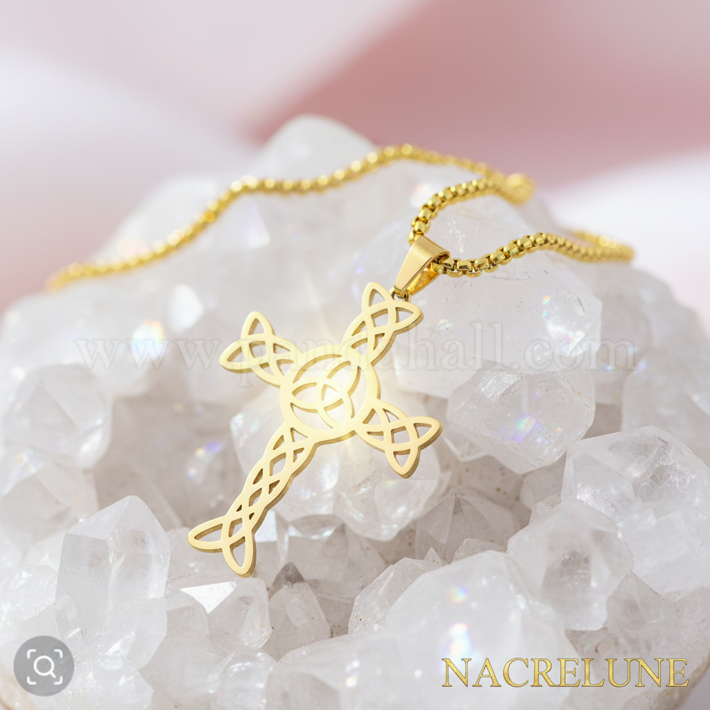 Pendentif Croix Celtique Triquetra & Chaîne en Plaqué Or | NACRELUNE nacrelune.com pendentif