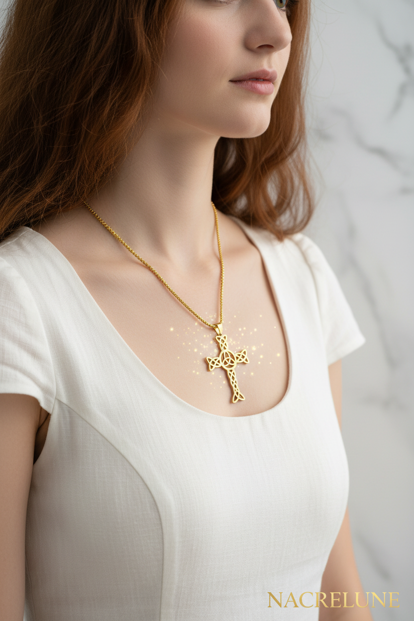 Pendentif Croix Celtique Triquetra & Chaîne en Plaqué Or | NACRELUNE nacrelune.com pendentif