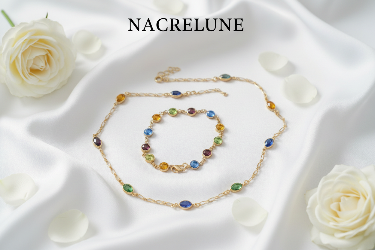 collier et bracelet en plaqué or avec pierres fines nacrelune.com parure