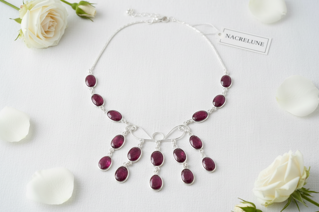 Collier argent 925 avec rubis véritables facettés nacrelune.com collier