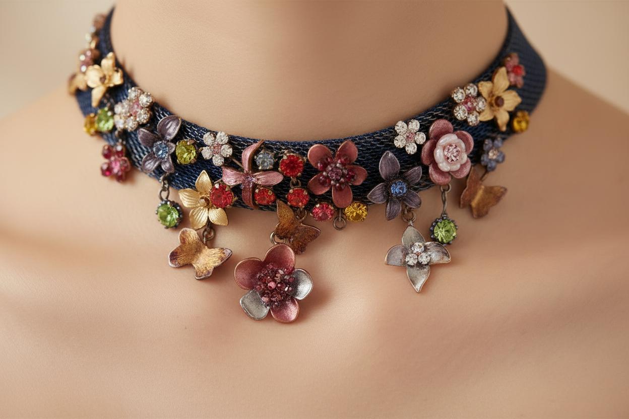 Collier en maille semi rigide avec fleurs et papillons nacrelune.com collier