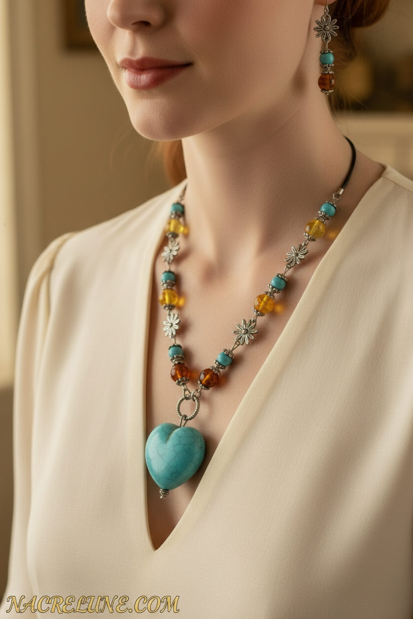 Parure ambre et cœur turquoise NACRELUNE parure