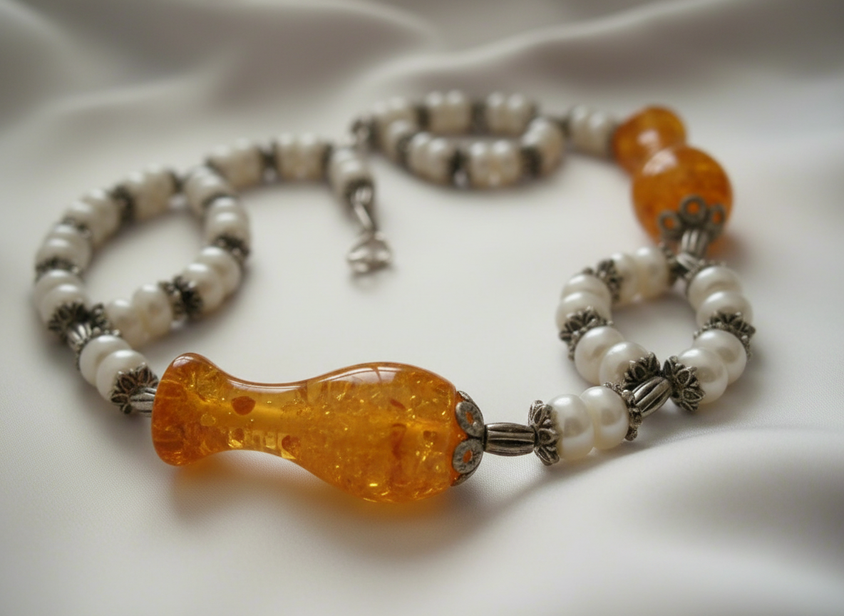 Collier en perles culture avec perles d'ambres pressé NACRELUNE parure