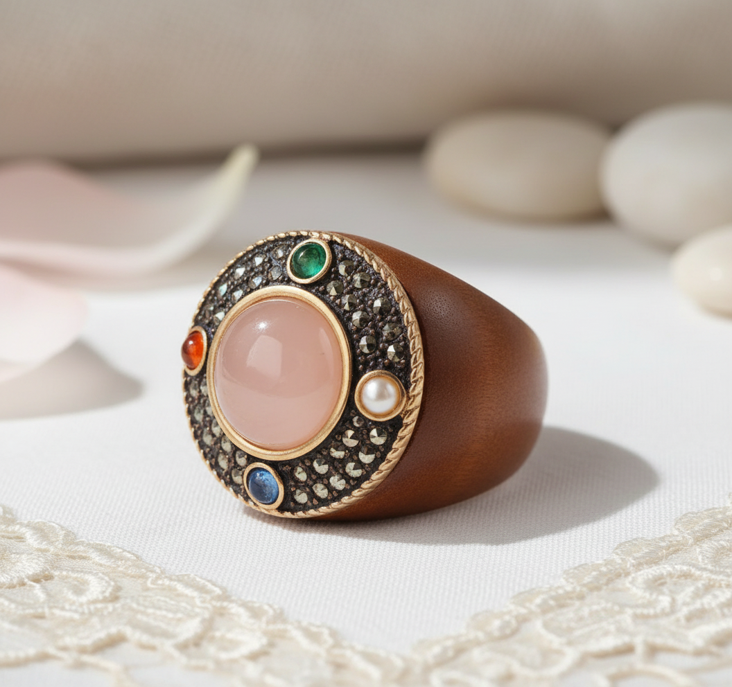 Bagues en bois naturel avec pierres véritables Rose (quartz rose) nacrelune.com Bague