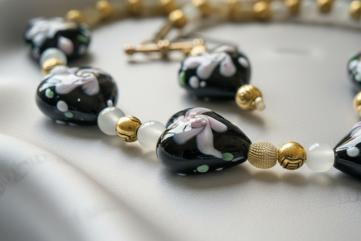 parure en perles de verre et coeurs en verre noir et rose décorés à la main nacrelune.com parure