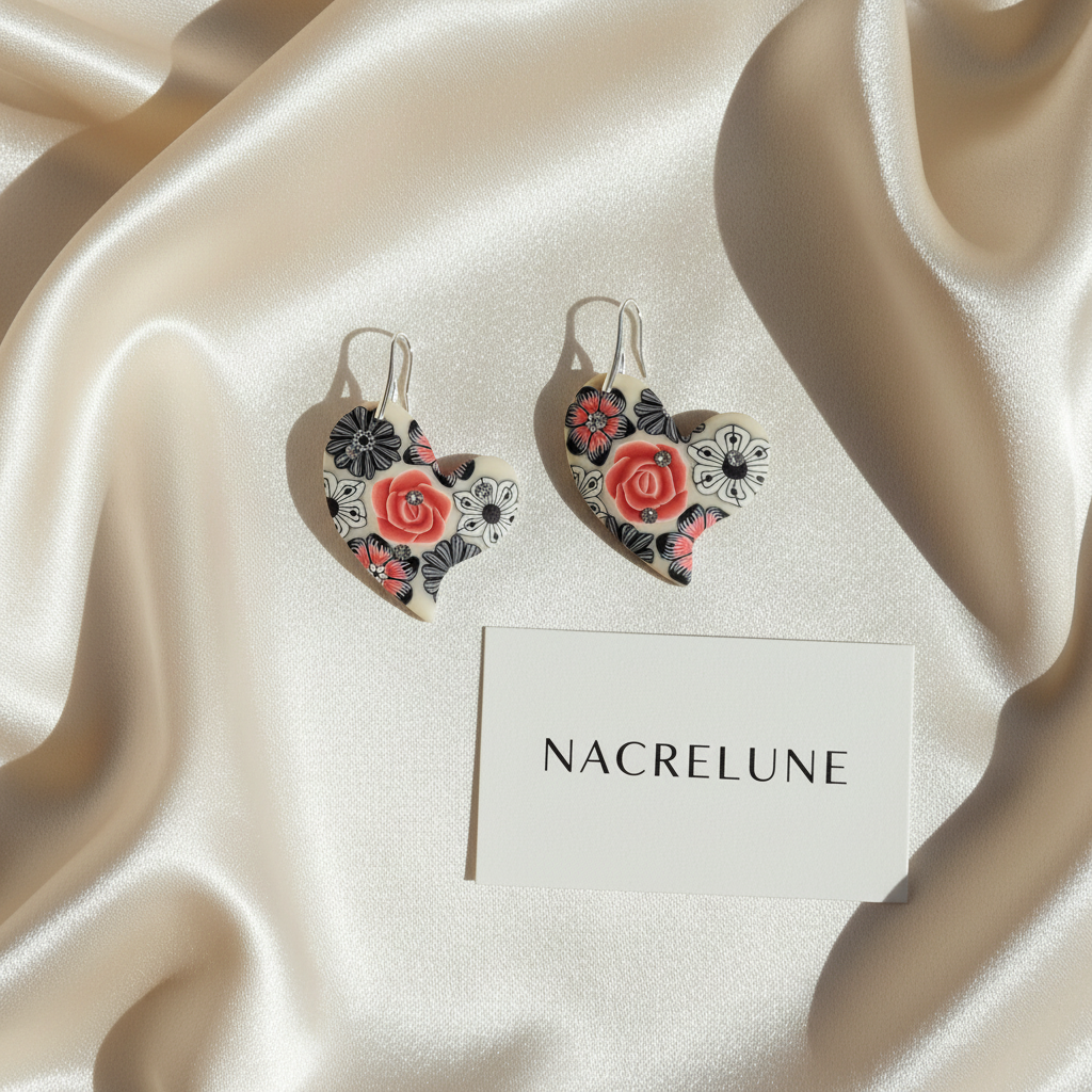 Decorated acrylic earrings on cream silk