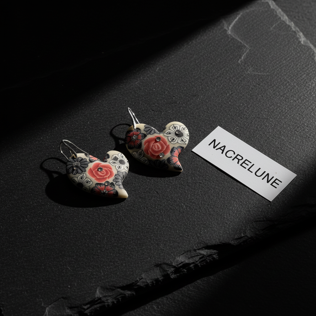 Decorated acrylic earrings on dark slate