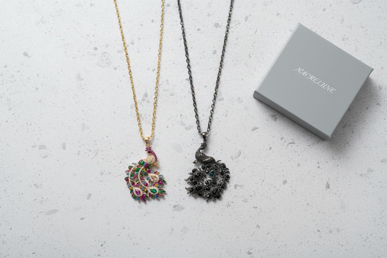 Pendentif en strass sur sa longue chaîne représentant un paon : 2 versions disponibles nacrelune.com pendentif