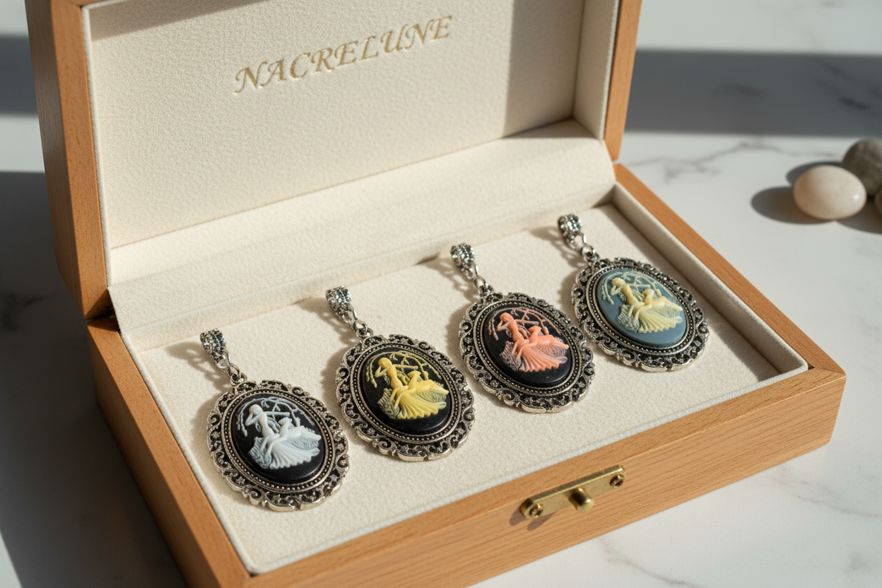 Grand pendentif camée représentant la déesse Diane auprès d’une biche. Couleur à choisir nacrelune.com pendentif