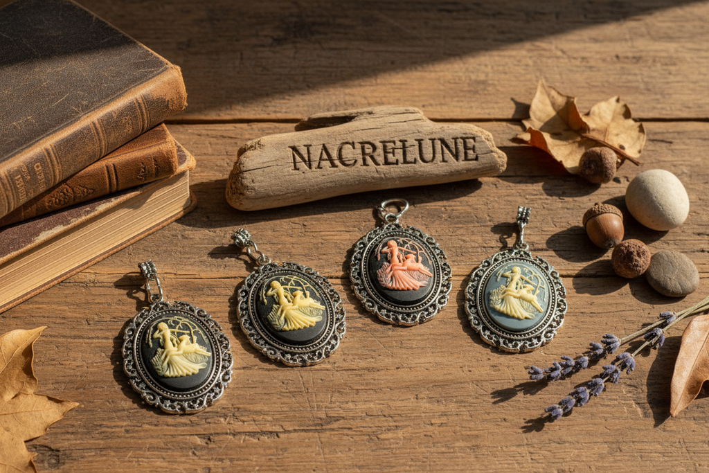 Grand pendentif camée représentant la déesse Diane auprès d’une biche. Couleur à choisir nacrelune.com pendentif