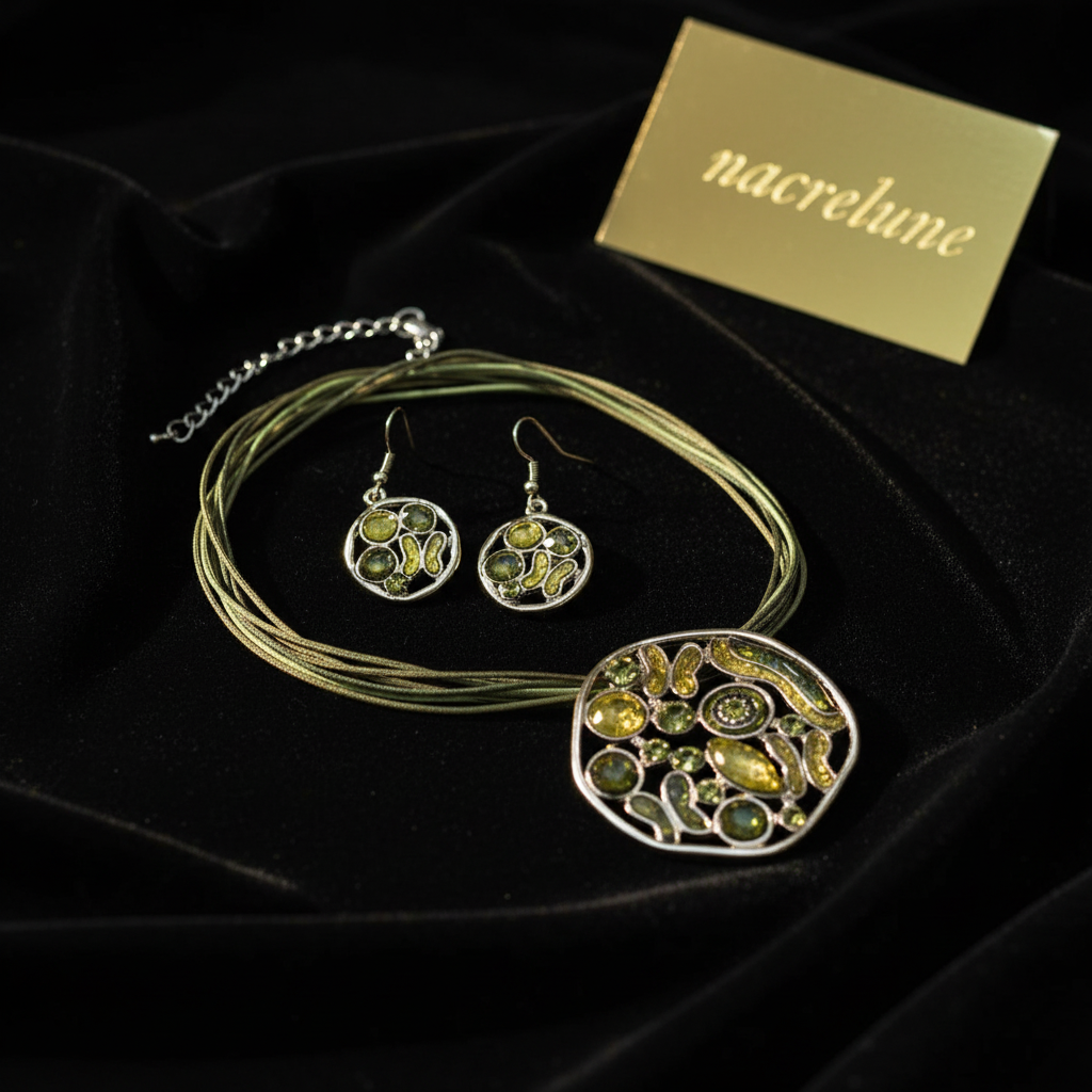 Pendentif en émail et strass avec boucles assorties vertes nacrelune.com parure