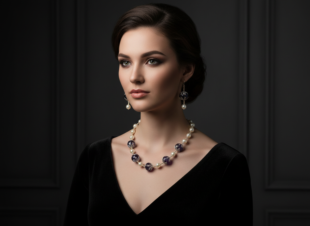 parure perles de nacre et améthystes véritables polies nacrelune.com parure