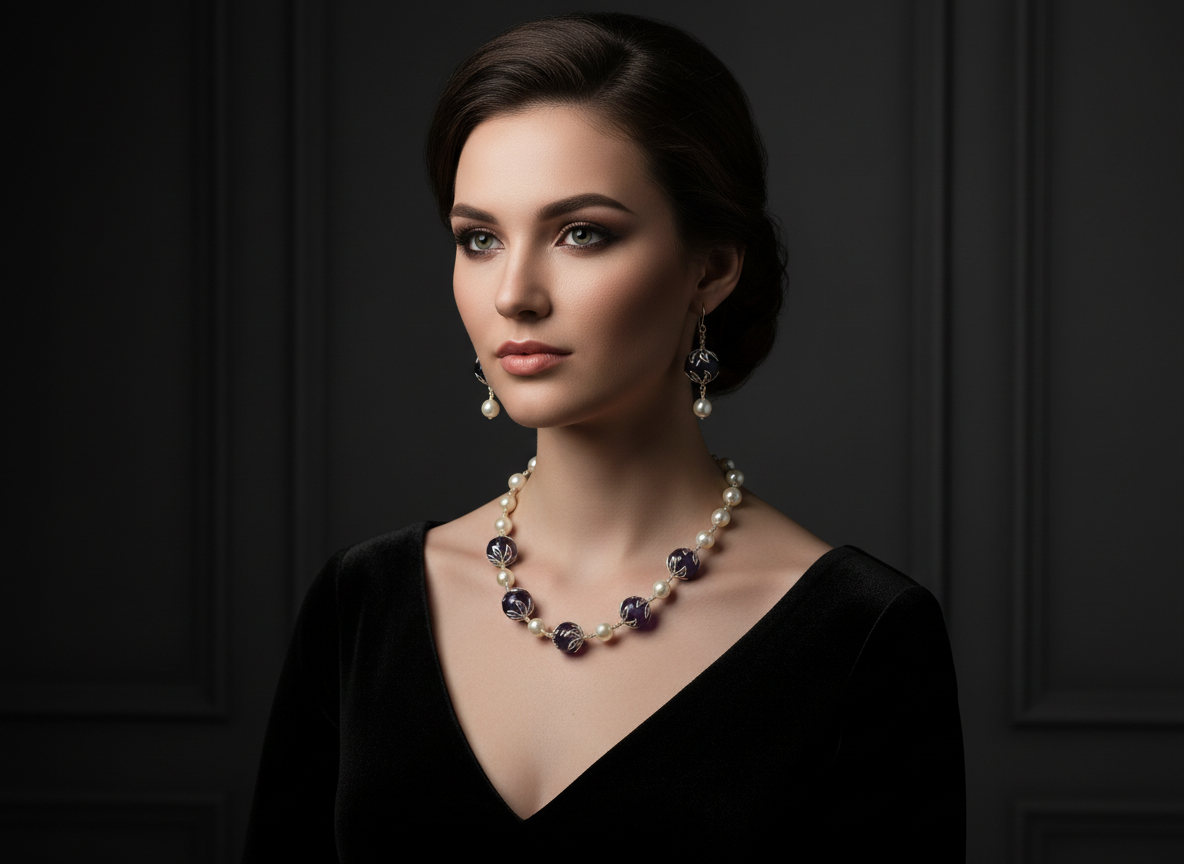 parure perles de nacre et améthystes véritables polies nacrelune.com parure