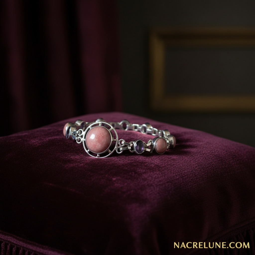Bracelet en argent avec rhodocrosites et améthystes nacrelune.com bracelet