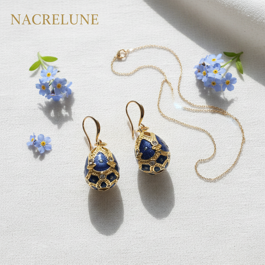 Boucles d'Oreilles Œuf de Pâques Style Fabergé en Émail | NACRELUNE Bleu nacrelune.com boucles d'oreille