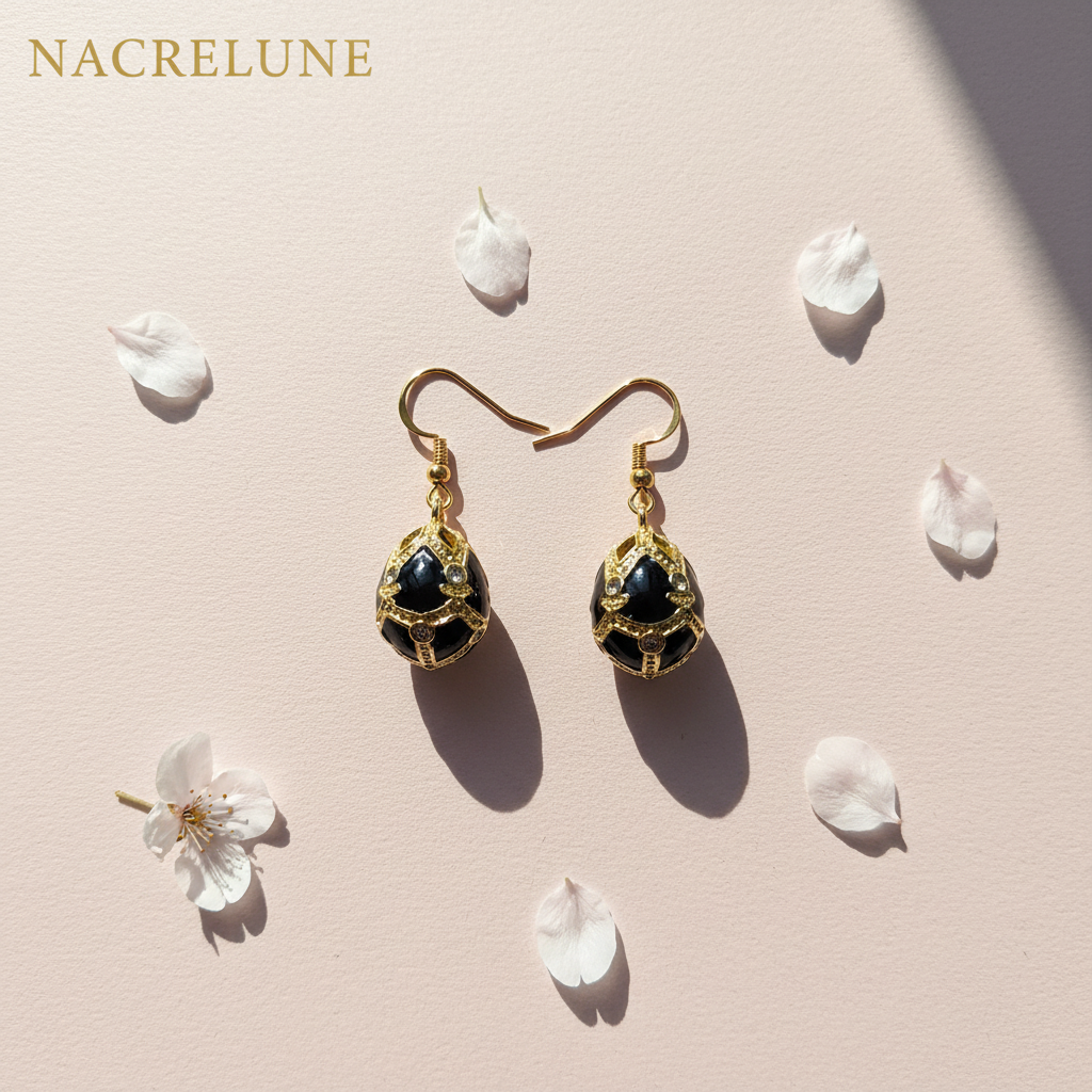 Boucles d'Oreilles Œuf de Pâques Style Fabergé en Émail | NACRELUNE Noir nacrelune.com boucles d'oreille