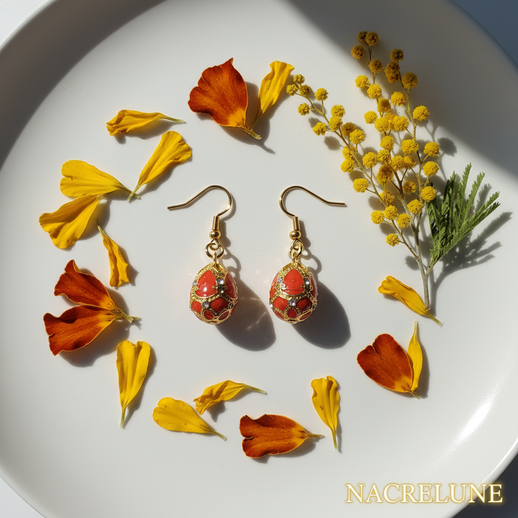 Boucles d'Oreilles Œuf de Pâques Style Fabergé en Émail | NACRELUNE Orange nacrelune.com boucles d'oreille