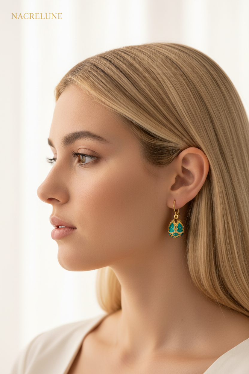 Boucles d'Oreilles Œuf de Pâques Style Fabergé en Émail | NACRELUNE Vert nacrelune.com boucles d'oreille