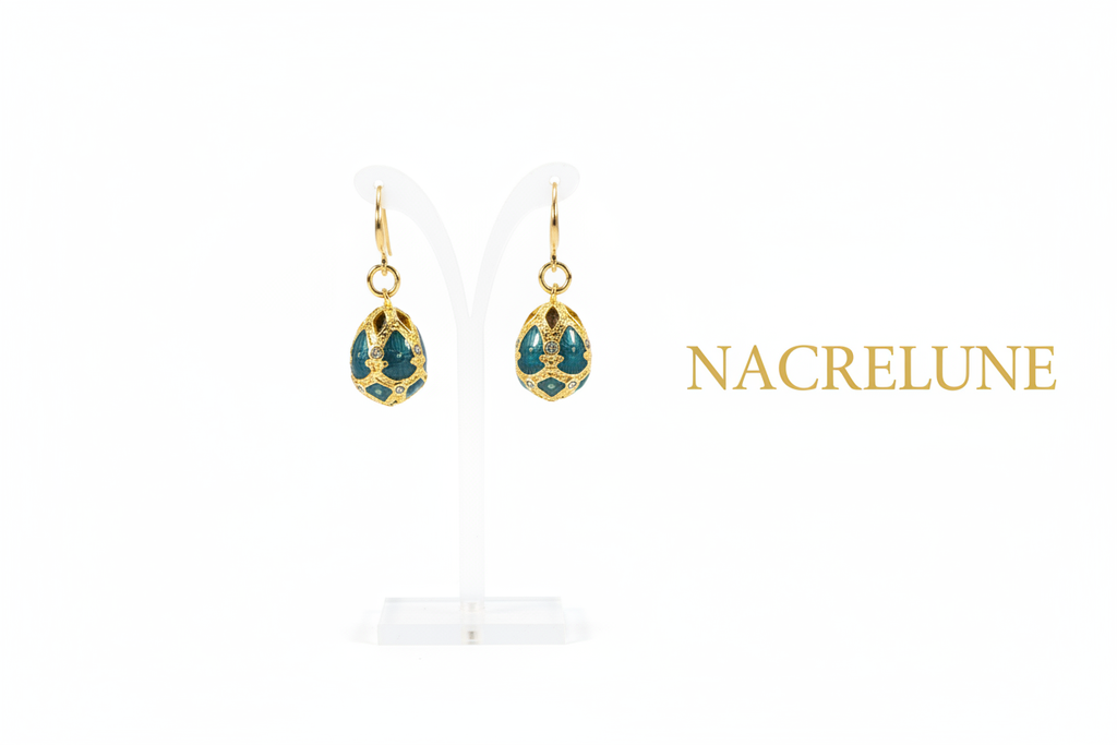 Boucles d'Oreilles Œuf de Pâques Style Fabergé en Émail | NACRELUNE nacrelune.com boucles d'oreille