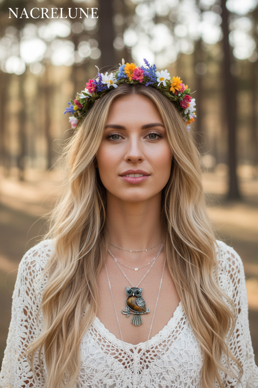 Femme blonde boho festival pendentif chouette NACRELUNE