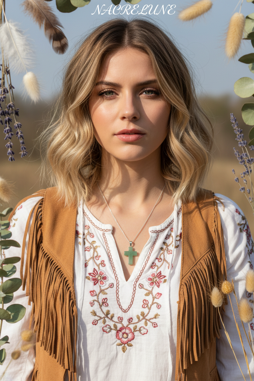 Femme blonde boho hippie croix aventurine NACRELUNE