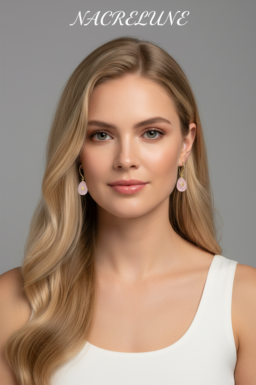 Boucles d'Oreille Quartz Rose Naturel - Lithothérapie nacrelune.com boucles d'oreille