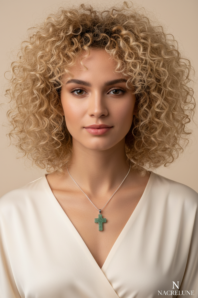 Femme blonde croix aventurine verte NACRELUNE
