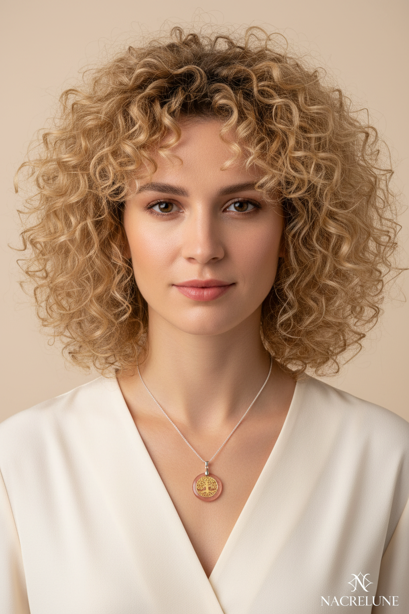 Femme blonde pendentif quartz rose arbre vie NACRELUNE