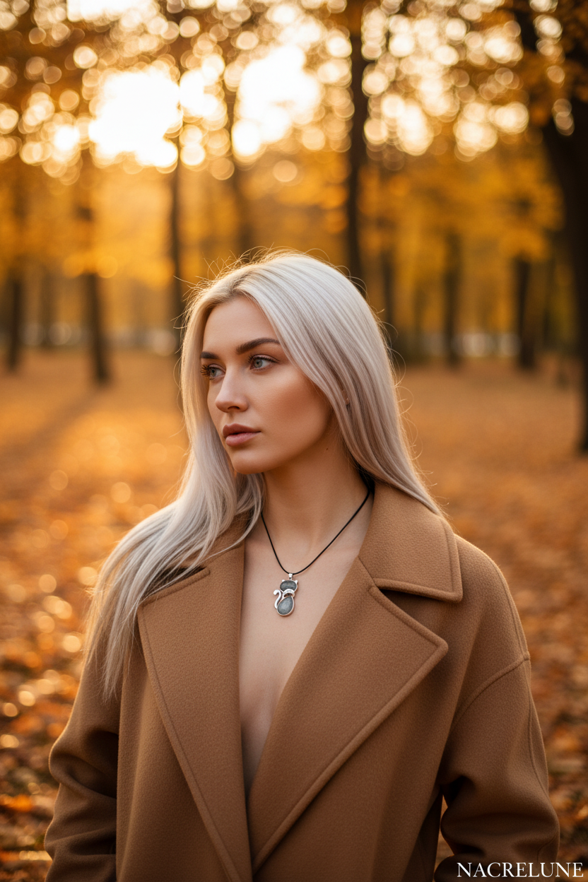 Pendentif Chat Labradorite | Tour de Cou Coton Ciré Noir NACRELUNE pendentif