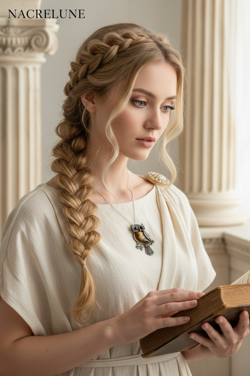 Femme blonde tresse grecque pendentif chouette NACRELUNE
