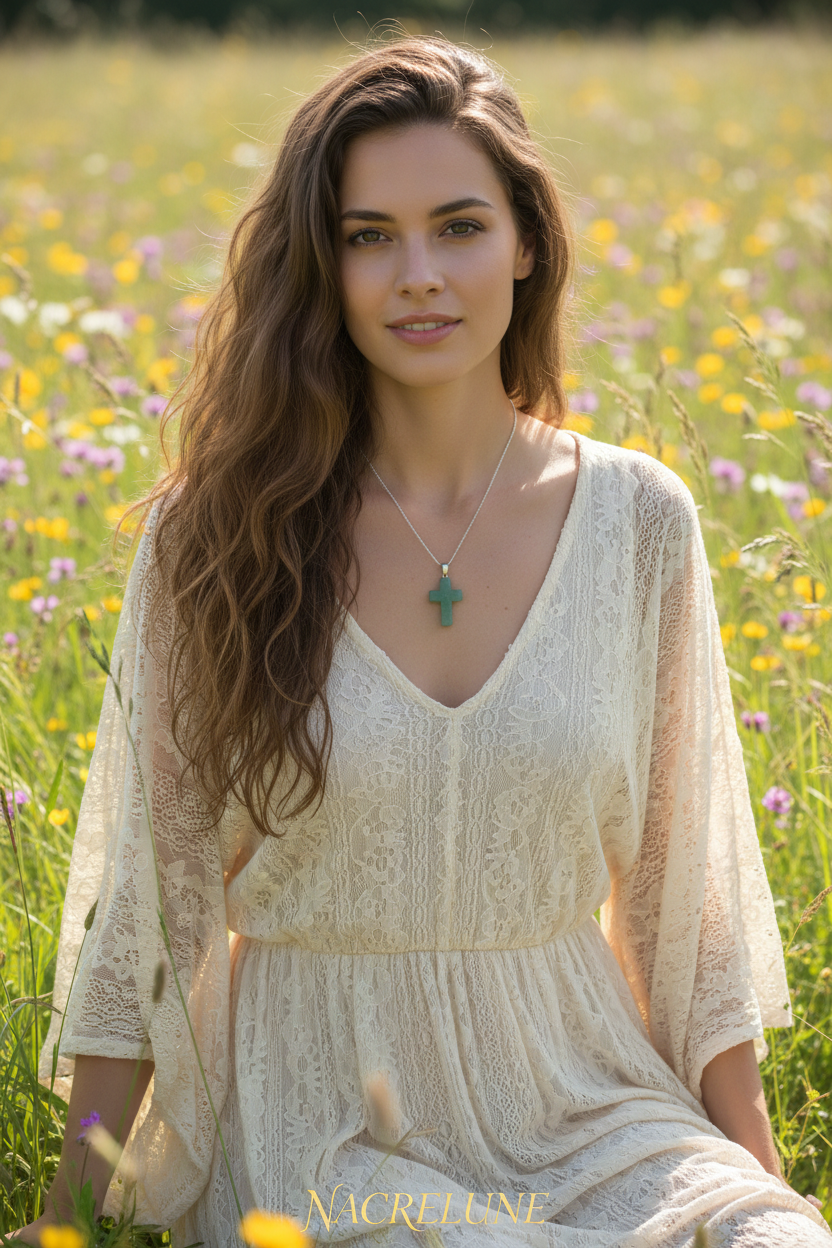 Femme brune boho nature croix aventurine NACRELUNE