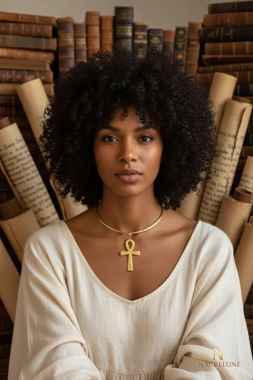 Femme brune livres anciens Ankh sagesse NACRELUNE