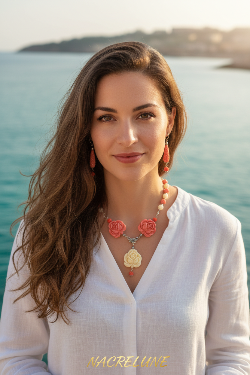 Parure Imitation Corail - Collier et Boucles d'Oreilles nacrelune.com parure