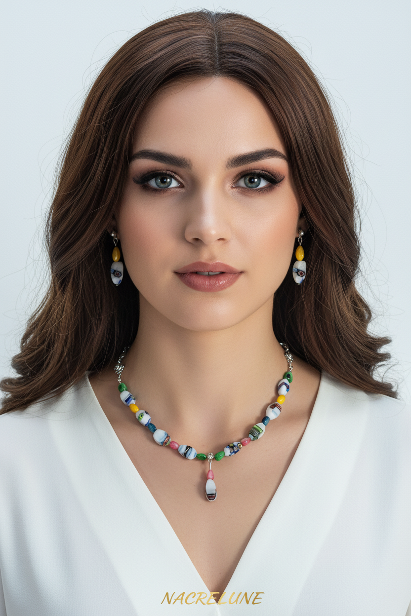 Femme brune parure verre coloré NACRELUNE