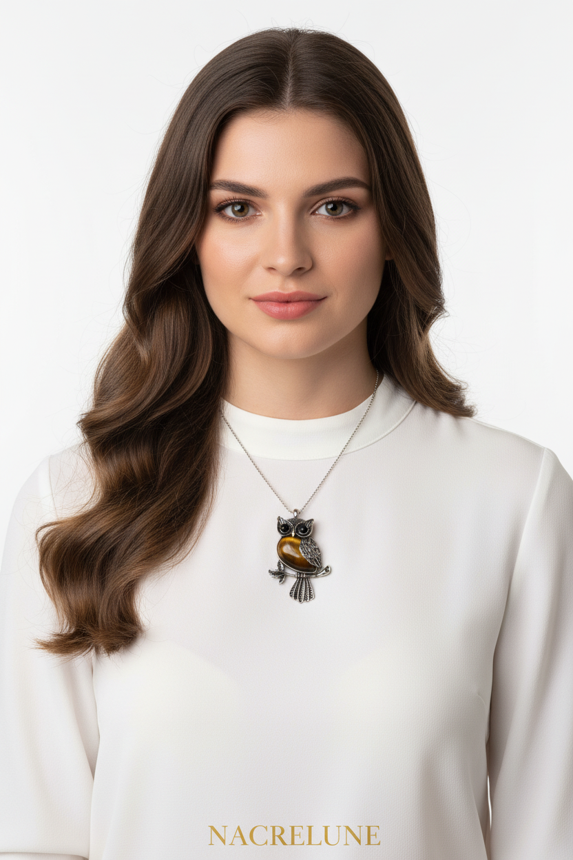 Femme brune pendentif chouette œil tigre NACRELUNE