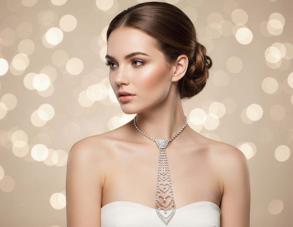 Collier cravate en strass blancs en forme de coeurs nacrelune.com collier